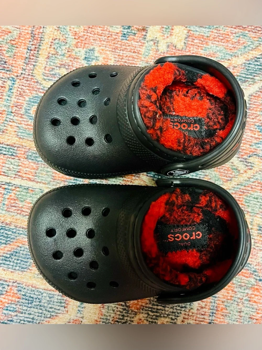 CROCS Kids Classic Clog with Red Fleece Lining - Black Shell